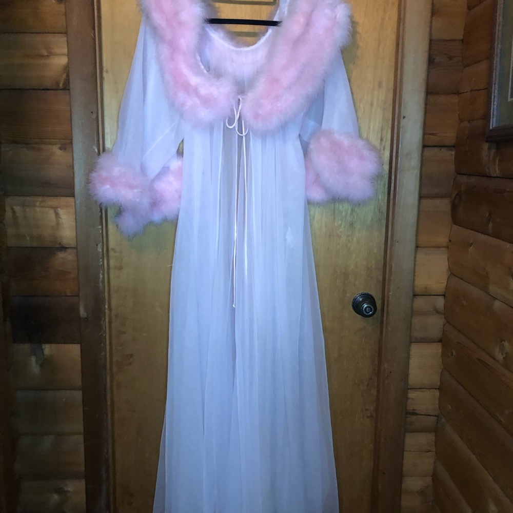 1950’s Watermelon Pink Tricot and Feather Dressing Robe XXL